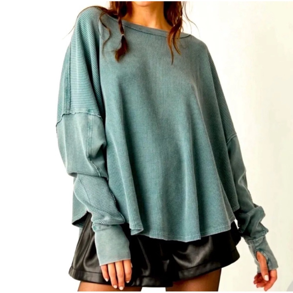 Free People Drop the Mic Long Sleeve Tee Silver Pine Sz Med